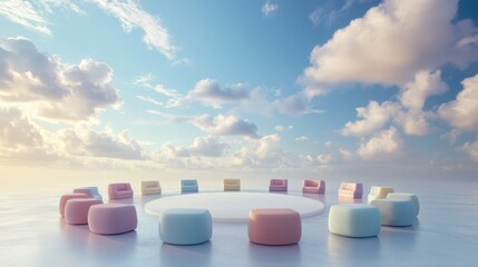 Pastel pouf seating arrangement under a serene sky, creating a peaceful and inviting outdoor meeting space for collaboration and relaxation