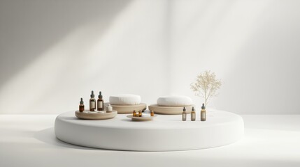 Minimalist cosmetic product display podium with sunlight and shadow on white background, showcasing natural skincare and beauty products for promotion