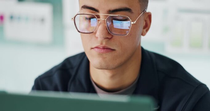 Digital, scroll or man in office with tablet, planning or testing in ux design. Reading, ui implementation or software engineer in agency with tech, monitor app or wireframe for programming feedback.