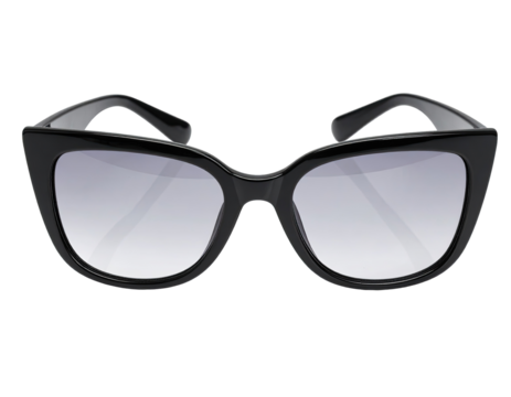 Front view of black cat-eye sunglasses.  Graded light gray lenses