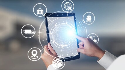 Global shipping icons show transport, logistics, and cargo delivery. Global shipping connects...