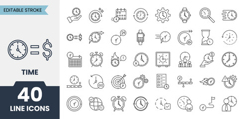 Time line icons set. Containing alarm, timer, tracking, clock, deadline, hourglass, stopwatch, date, timeline, time management and more. Editable stroke. Vector illustration