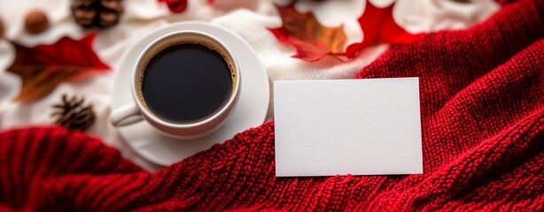 cozy daily moment scene - Autumn Coffee Scene with Blank Card on Cozy Red Sweater cozy lifestyle inspiration photography