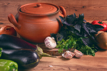 clay pot, with ingredients , for cooking Chanakhi dishes, Georgian cuisine, no people,