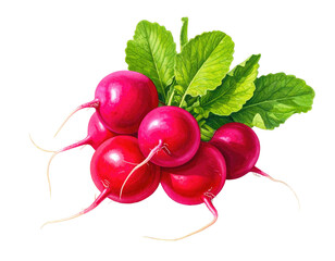 Close-up of vibrant red radishes with green leaves