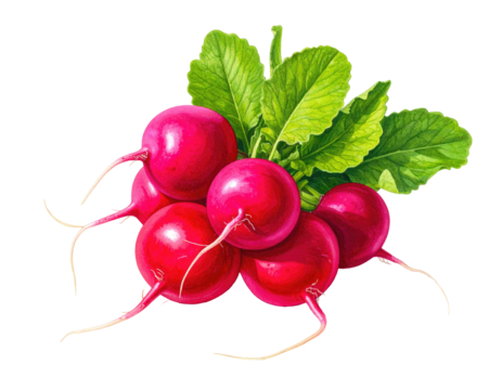 Close-up of vibrant red radishes with green leaves