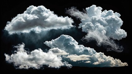 Dramatic cloudscape featuring fluffy white cumulus clouds against a dark, moody sky, creating a sense of depth and atmosphere, isolated on black background