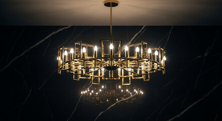 Luxurious Gold Chandelier Illuminates Dark Marble Interior