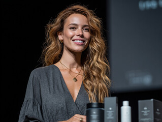 Skincare brand founder presenting products on stage, spotlight, charisma