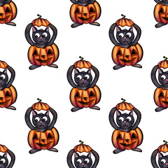 Funny seamless pattern with black cat hiding inside carved pumpkin. Playful Halloween design for wrapping paper, fabric, invitations, and decorations.