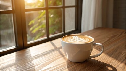 A cup of cappuccino with latte art on a wooden table near a window with sunlight streaming in, creating a warm and inviting atmosphere
