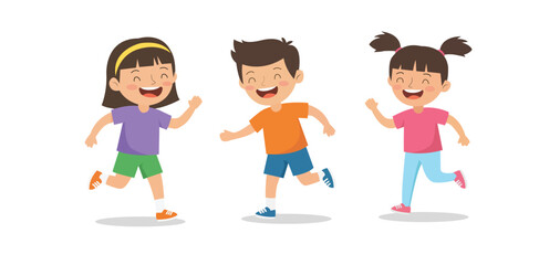 Happy kids running and playing together, cute cartoon illustration of cheerful children having fun outdoors on white background