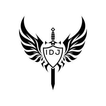 Winged Sword and Shield Logo Design, Tribal Warrior Emblem Vector, IDJ Later Logo, 
