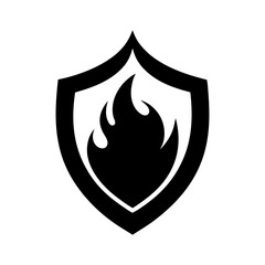 Shield with flame emblem silhouette fiery defense symbol vector strong minimal protection design with white background