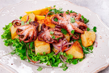 Grilled octopus with baked potatoes and fresh herbs, on a decorative light plate, homemade, no people