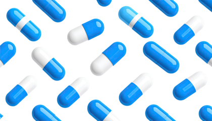 A pattern of blue and white pills on a black background.  The pills are oval shaped, with a glossy appearance.  