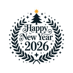 Happy New Year 2026 Vector – Elegant Christmas Tree and Laurel Wreath Design with Decorative Typography and Stars