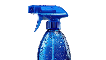 Close-up of a blue plastic spray bottle.  Water droplets coat the bottle.  The nozzle is a light blue