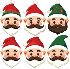 A fun set of Santa Claus vector illustrations for a happy Christmas holiday celebration featuring a funny cartoon character, snowman, and winter gift elements