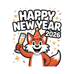 Happy New Year 2026 Cartoon Fox Vector – Cute Party Animal Character Holding Champagne Glass Illustration