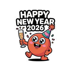 Happy New Year 2026 Cute Cartoon Character Vector – Funny Party Mascot Holding Champagne Glass Illustration