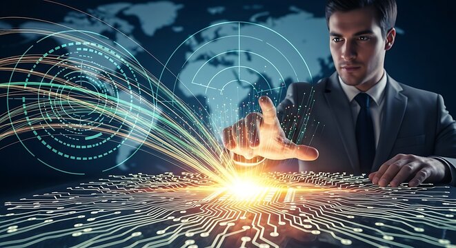 Man interacting with digital technology and global network.