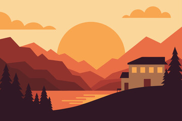 Fototapeta premium Illustration of house near lake and mountains at sunset