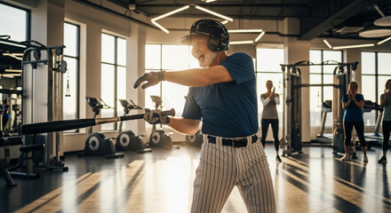 Senior Man Swinging Baseball Bat in Gym, Active Lifestyle, Joyful Expression