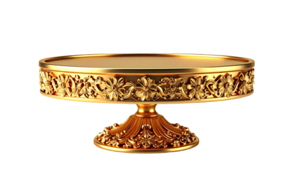 Ornate golden cake stand.  A polished, round cake stand with elaborate gold detailing.  The stand has a wide, flat top and a pedestal base, both adorned with intricate floral and scrollwork patterns