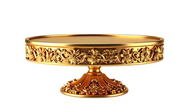 Ornate golden cake stand.  A polished, round cake stand with elaborate gold detailing.  The stand has a wide, flat top and a pedestal base, both adorned with intricate floral and scrollwork patterns