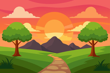 Obraz premium Cartoon landscape with trees mountains and sunset