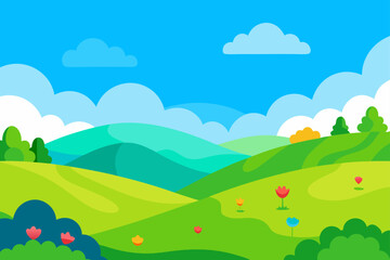 Obraz premium Cartoon landscape with hills, sky and flower fields