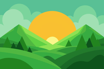 Illustration of a sunrise over green hills and trees