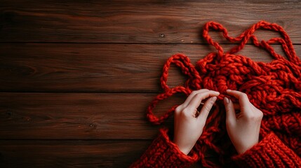 modern creative concept - Hands Crafting Cozy Red Woolen Yarn on Rustic Wooden Background cozy lifestyle inspiration photography
