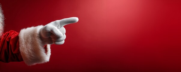 New Year banner. A close-up of Santa's hand is directed directly towards the spacious negative space. The background is a full, dramatic dark red. New Year and Christmas sale.