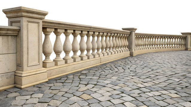 Classic stone italian balustrade. Balustrade, terrace, porch or balcony railing, fencing sections with baluster. 
