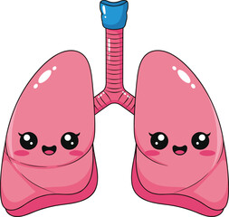 Cute lungs cartoon illustration, healthy respiratory system character, kawaii lung design, smiling organ drawing, happy breathing anatomy, medical health education, adorable biology vector