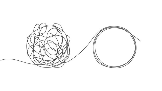 Chaotically tangled line and untied knot in form of circle continuous one line drawing animation, motion.