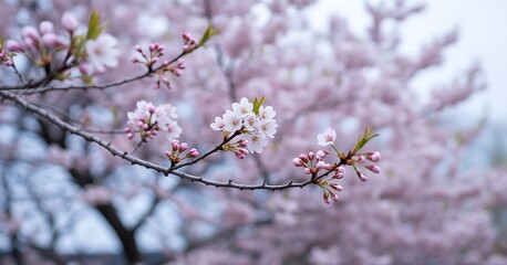 Delicate pink cherry blossoms on a branch with soft bokeh background sakura pink flowers