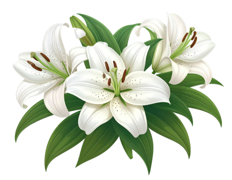 Close-up of three white lilies in full bloom, detailed illustration