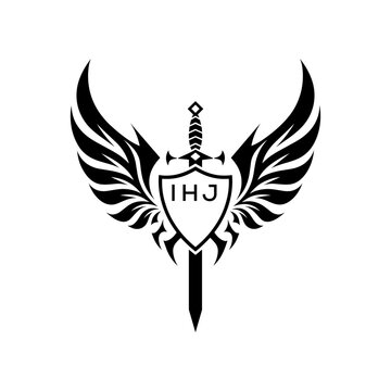 Winged Sword and Shield Logo Design, Tribal Warrior Emblem Vector, IHJ Later Logo, 
