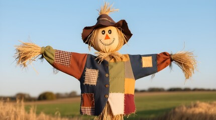 scarecrow in a field. Friendly Scarecrow with Straw Arms and Patchwork Clothing