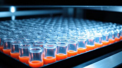 Obraz premium Close up of laboratory test tubes in modern scientific setting