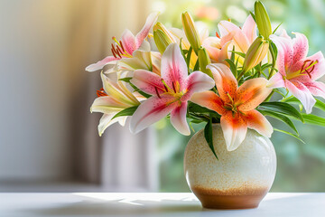 Colorful lilies blooming in vase, soft natural light indoor decor