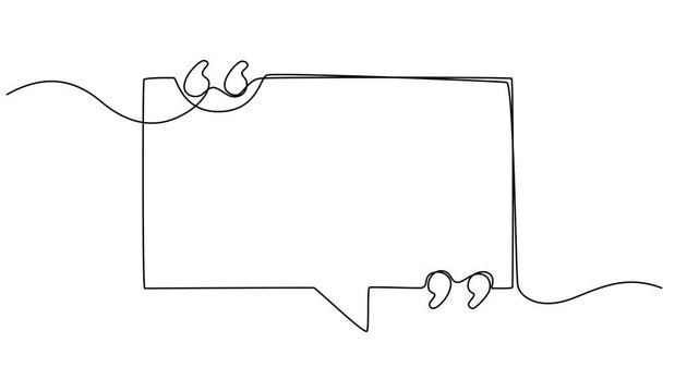 Quotation marks with space bubble continuous one line drawing animation, Speech Bubble Continuous Line Icon, Quote continuous line in circle speech bubble with commas, quotation mark in talk, single