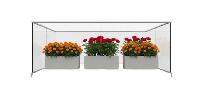 Three white planters filled with vibrant orange and red flowers under a white garden frame isolated on transparent background