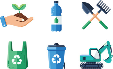 Eco friendly icons set, hand holding plant, plastic water bottle, gardening shovel rake, recycle bin, reusable bag, construction excavator machine