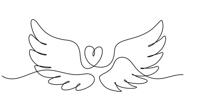birds wing continuous one line drawing animation, Animated self drawing of single continuous line draw cute angel wings holiday romantic decoration logo vector image. Swirl curl circle background