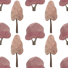 Autumn trees. Watercolor illustration. Seamless pattern for your design. White background