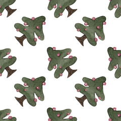 Green trees. Decorated Christmas trees. New Year's seamless pattern for your design. White background